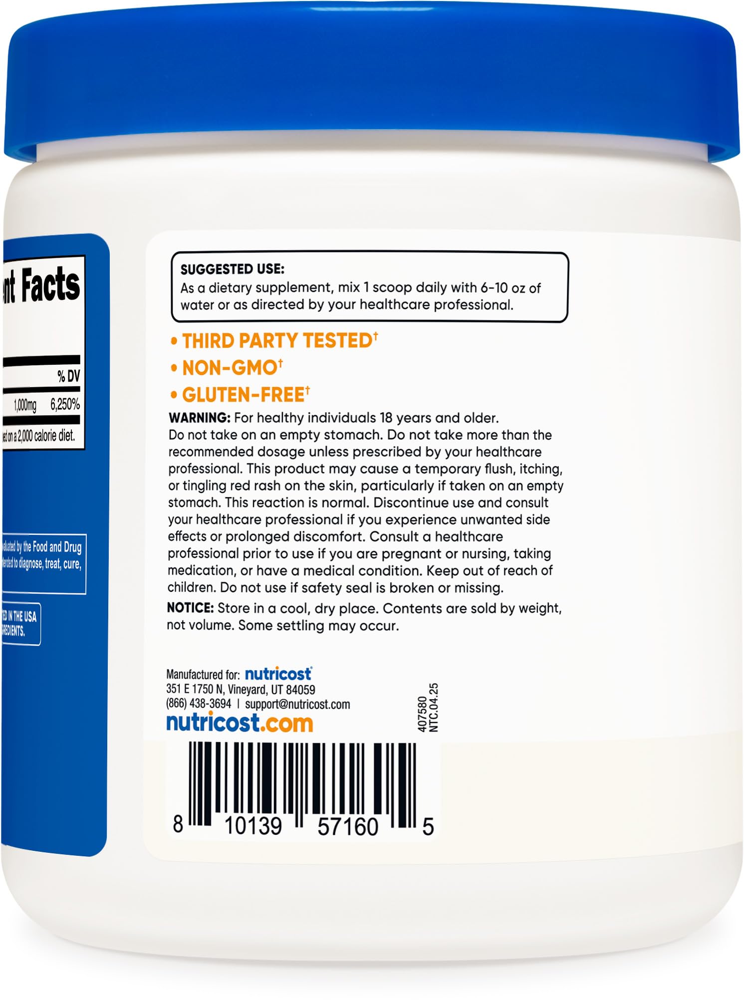Nutricost Niacin powder dissolves in water for easy mixing