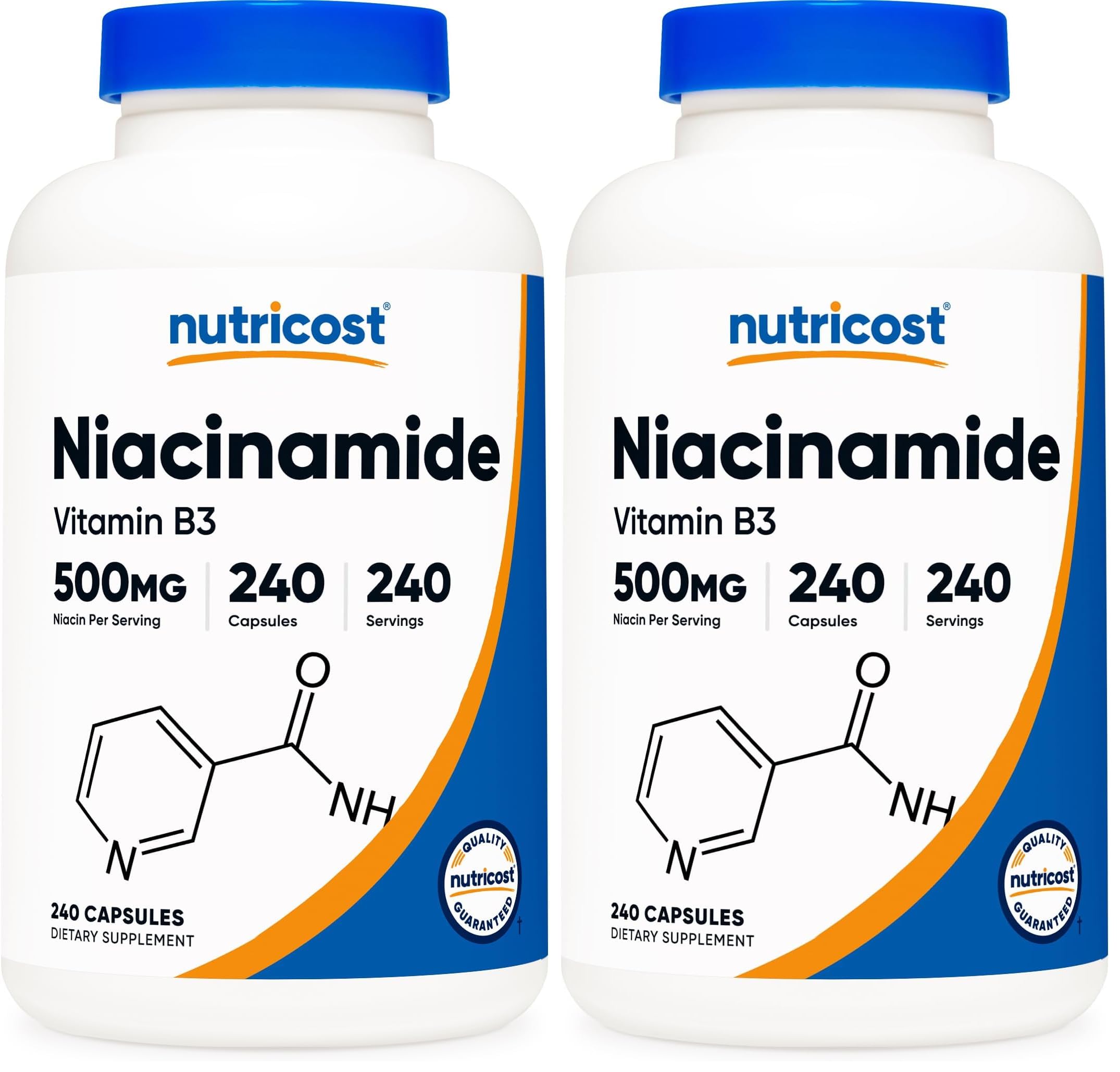 Nutricost Niacinamide 500mg bottle close-up showing flush-free vitamin B3 for daily support.