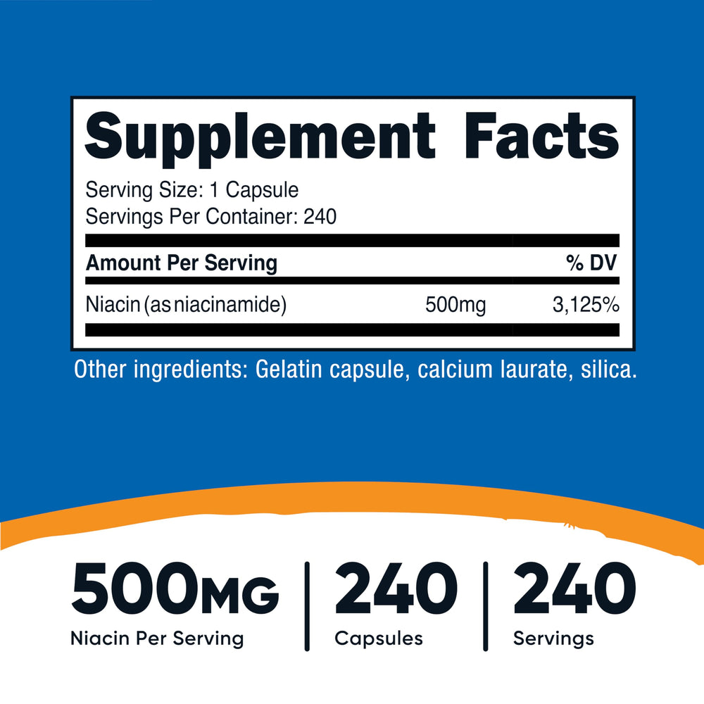 Nutricost Niacinamide bottle-label highlighting Non-GMO and gluten-free formulation.