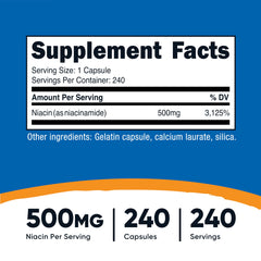 Nutricost Niacinamide bottle-label highlighting Non-GMO and gluten-free formulation.