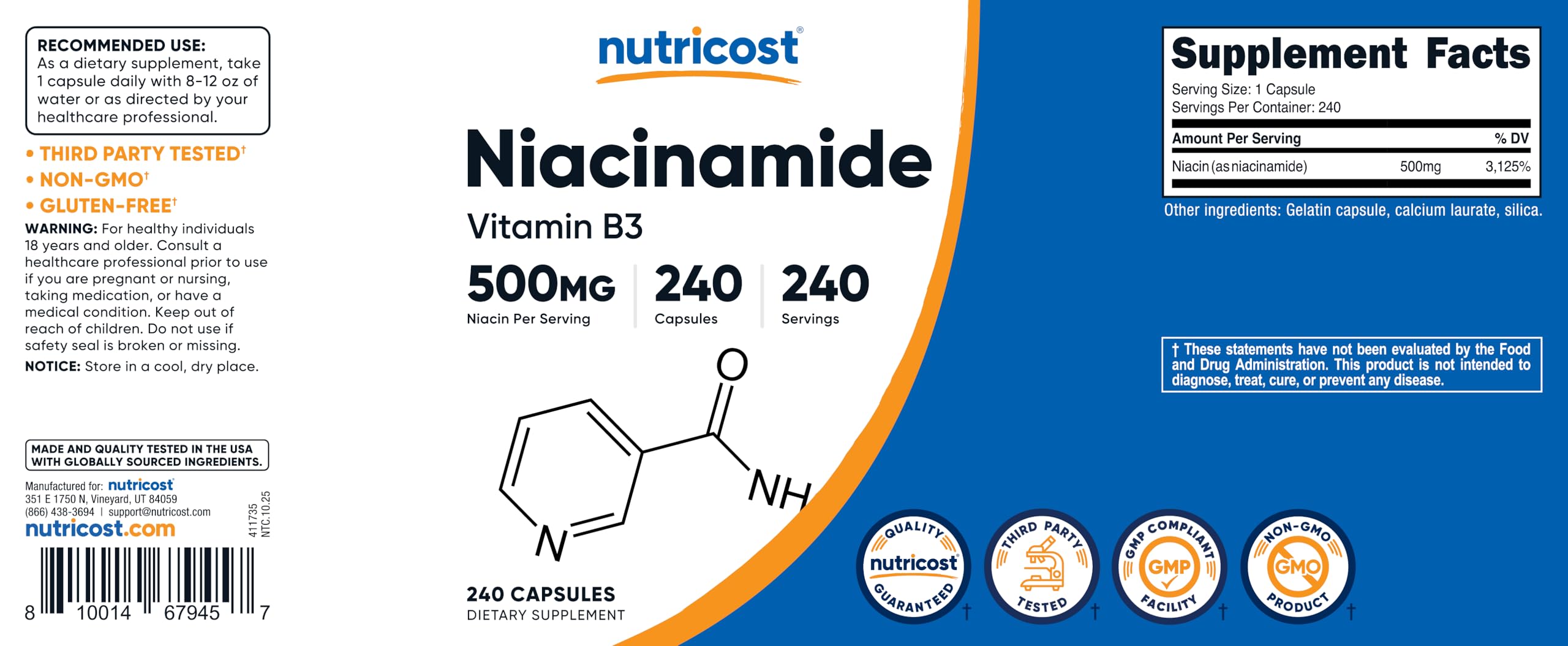Nutricost Niacinamide capsules in bottle focus highlighting 240-count per bottle.
