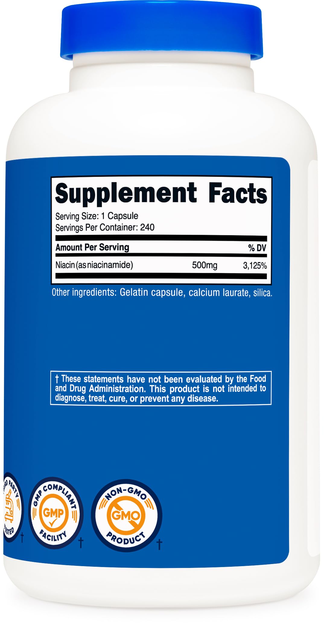 Nutricost Niacinamide label close-up highlighting non-GMO and gluten-free credentials.