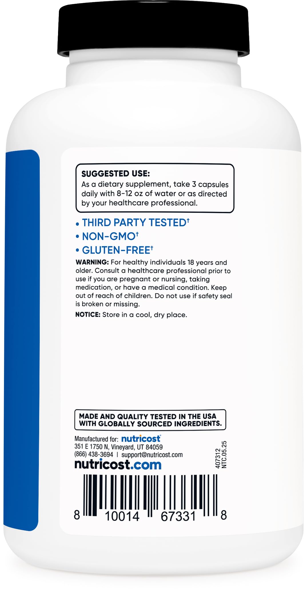 Nutricost Nitric Oxide Booster ingredients panel with quality notes.