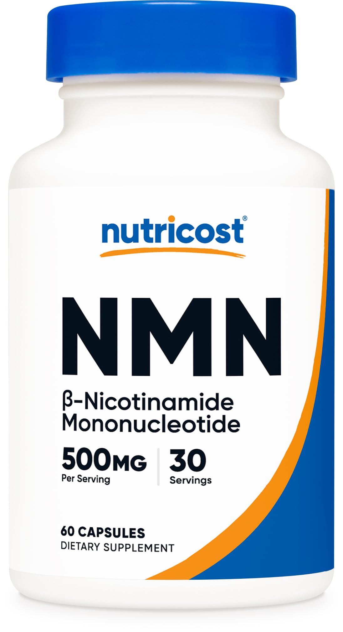 Nutricost NMN 500mg bottle label close-up emphasizing purity for daily supplementation.