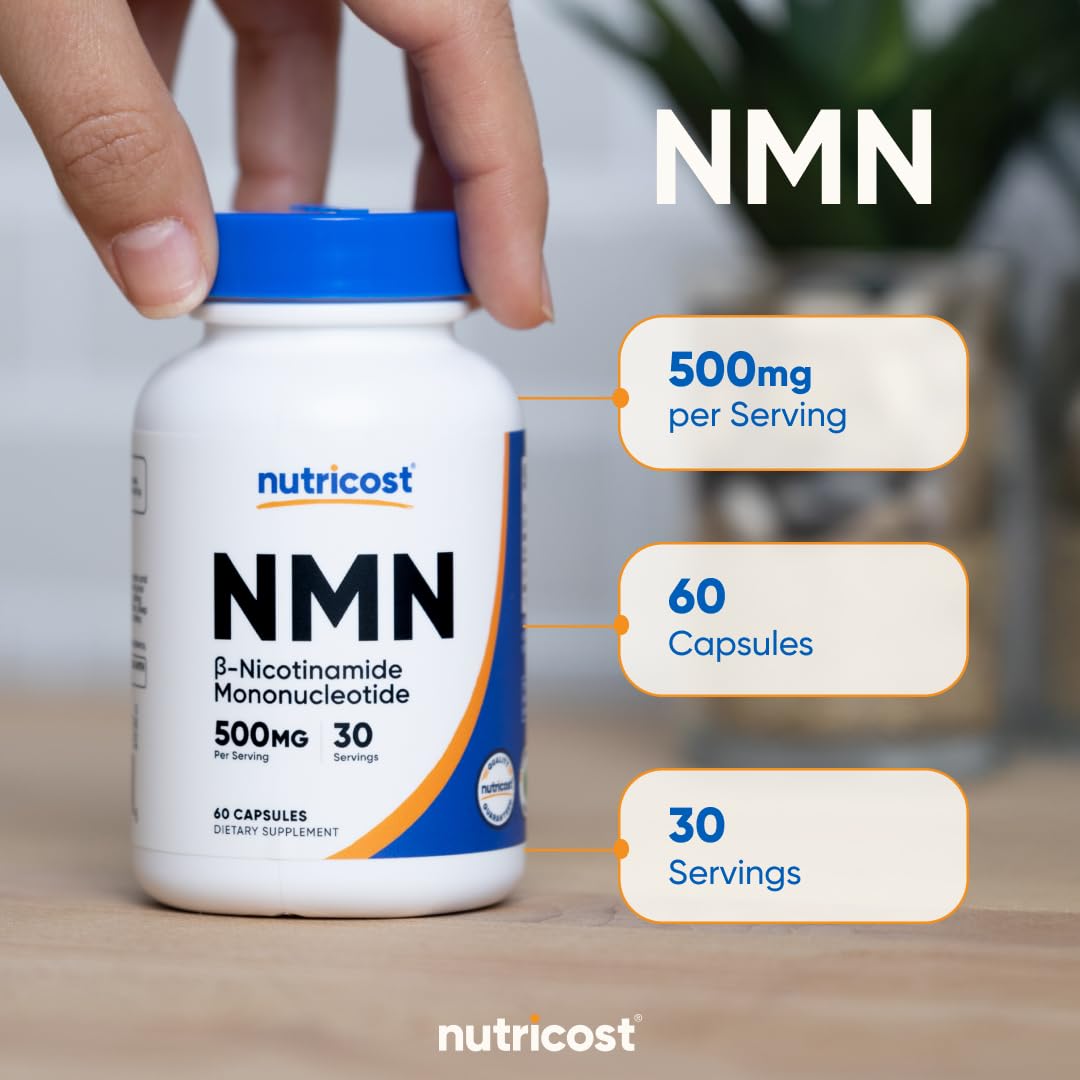 Nutricost NMN capsule-count image shows 60 capsules per bottle for 30 days.