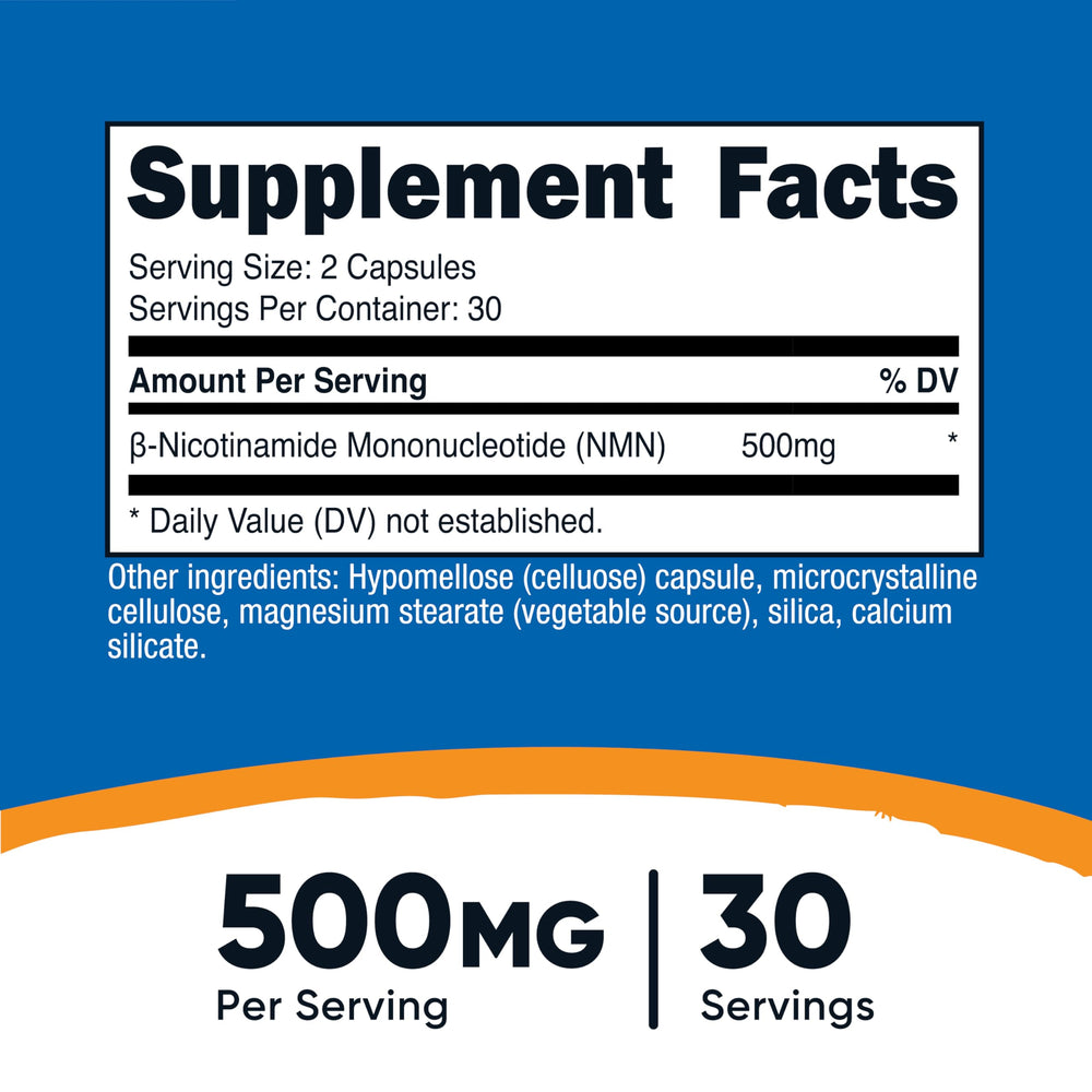 Nutricost NMN capsules close-up highlights easy-to-swallow capsules for daily use.