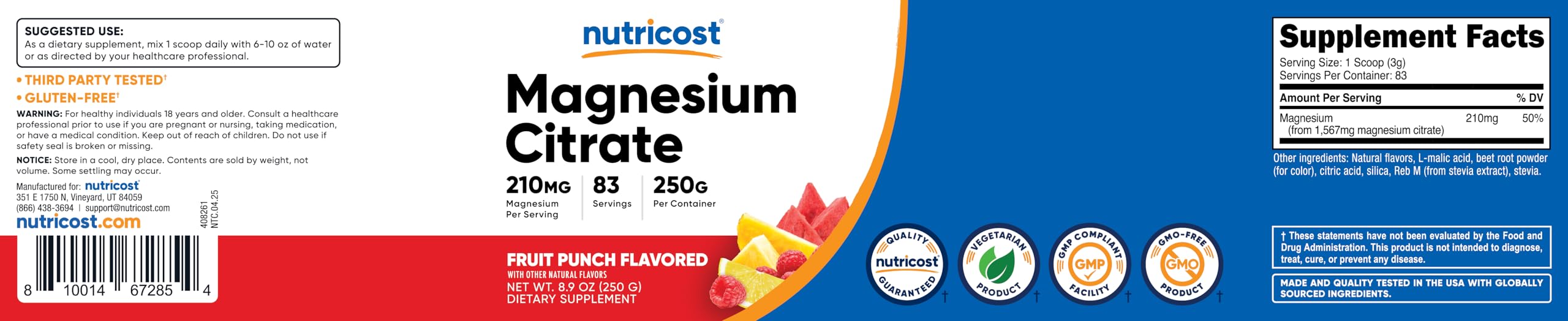 Nutricost magnesium citrate powder features non-GMO and gluten-free attributes.