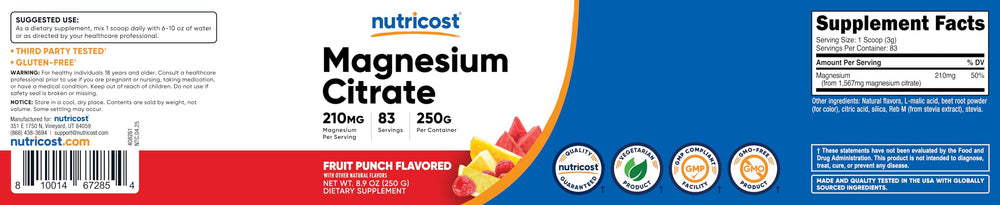 Nutricost magnesium citrate powder features non-GMO and gluten-free attributes.