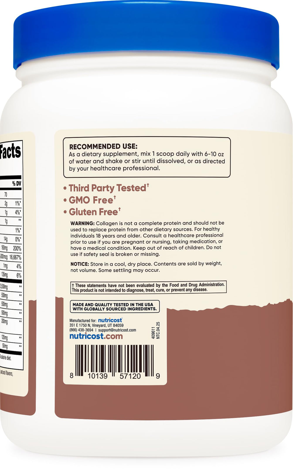 Nutricost gluten-free non-GMO label on collagen powder tub
