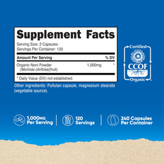 Nutricost Noni Capsules bottle back label showing gluten-free and non-GMO details.