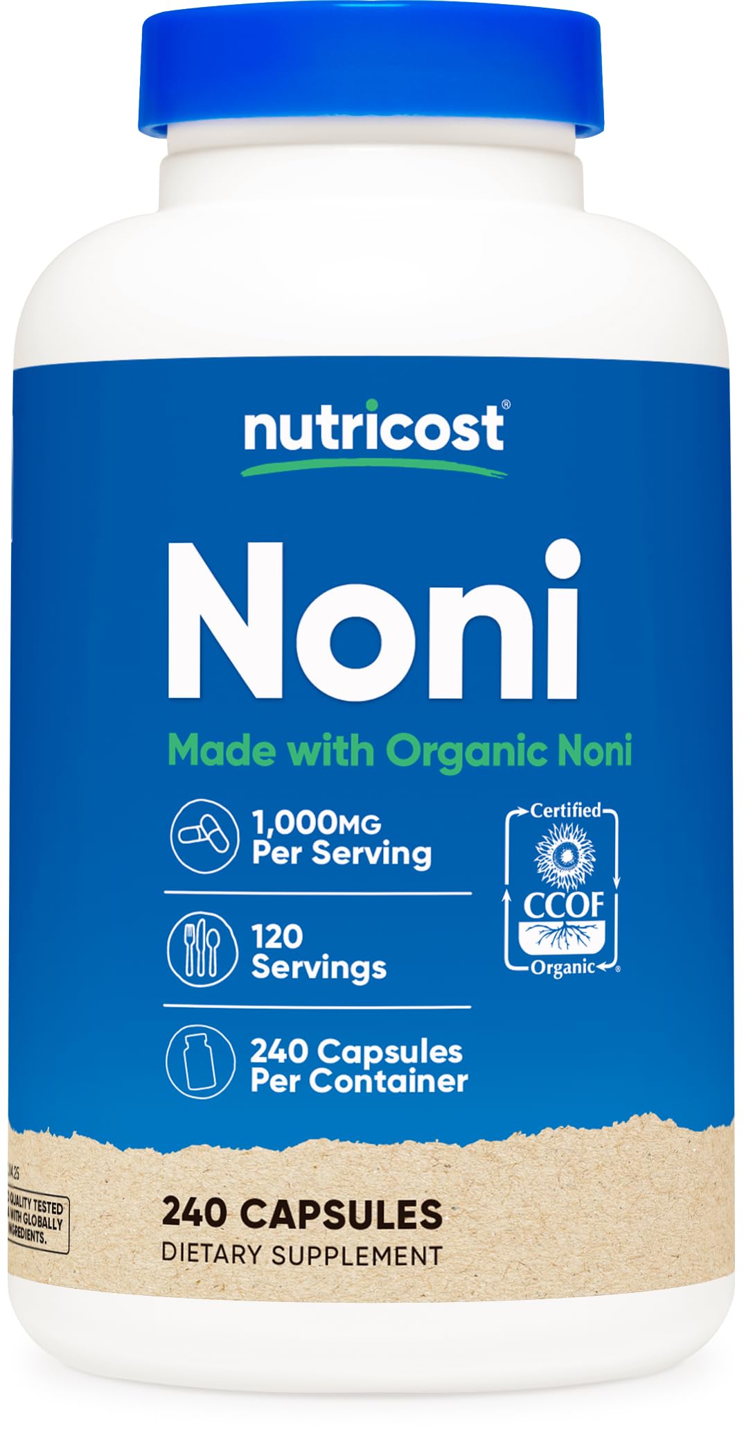 Nutricost Noni Capsules bottle front with organic certification and vegan-friendly capsules.