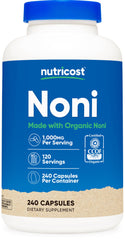 Nutricost Noni Capsules bottle front with organic certification and vegan-friendly capsules.