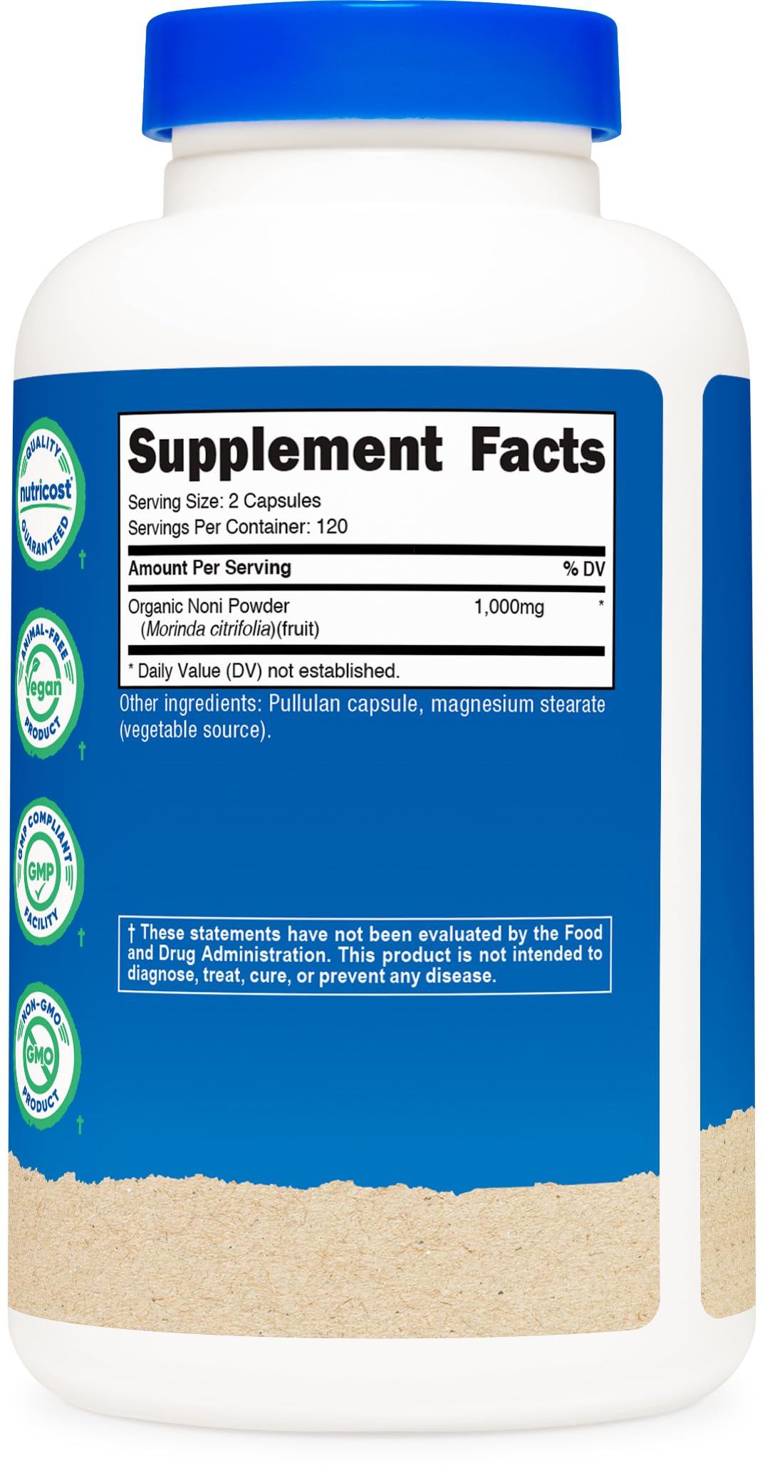 Nutricost Noni Capsules bottle on display highlighting organic, non-GMO, gluten-free features.