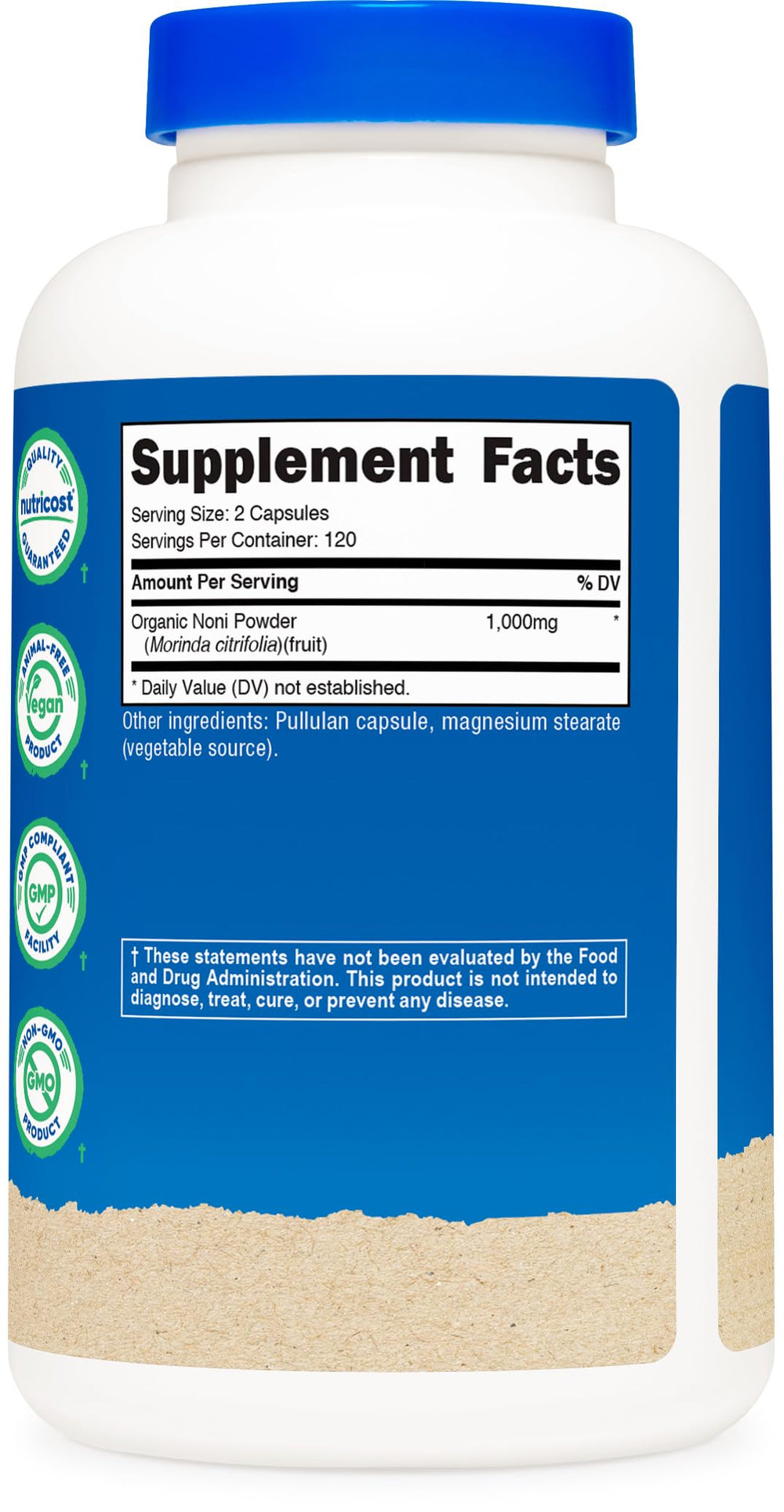 Nutricost Noni Capsules bottle on display highlighting organic, non-GMO, gluten-free features.