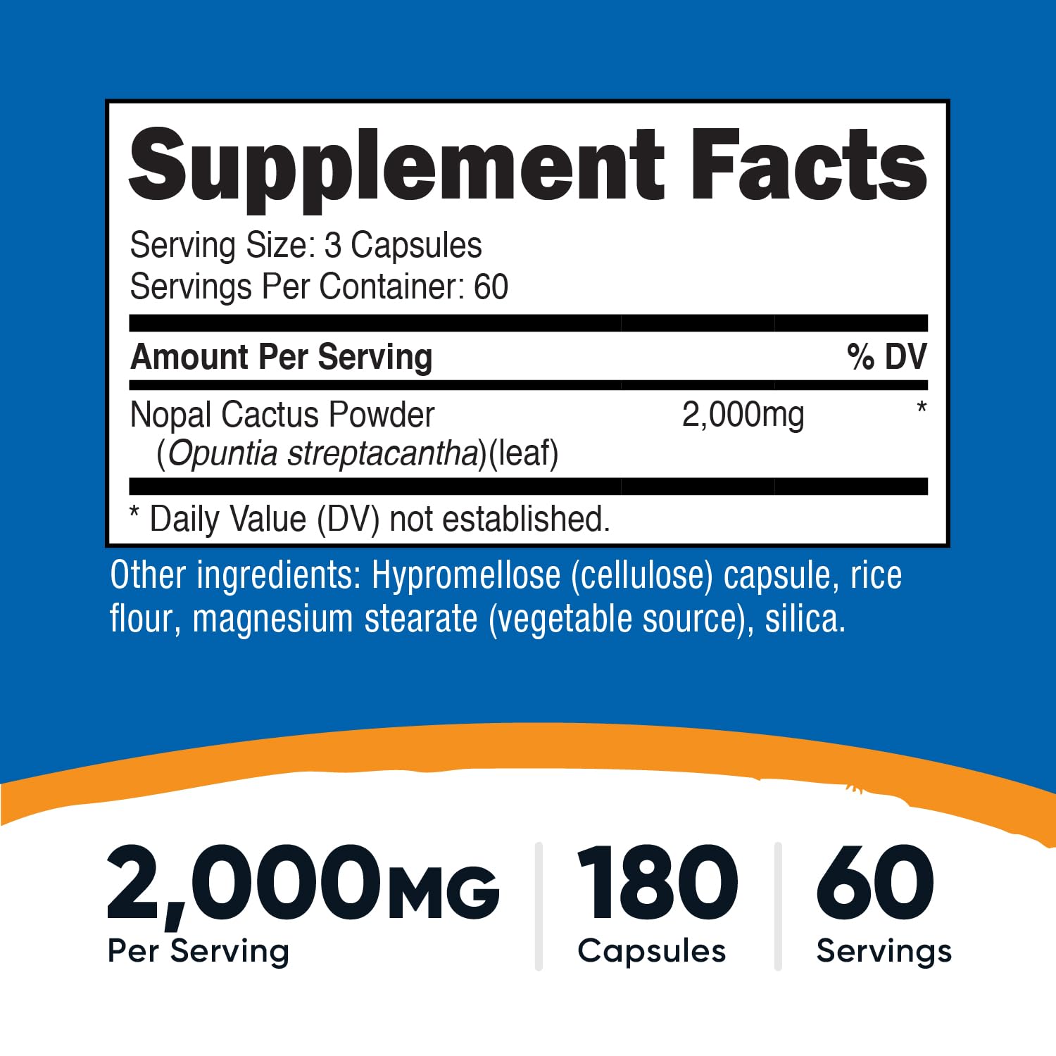 Nutricost Nopal Cactus capsules closeup shows 2000mg per serving.