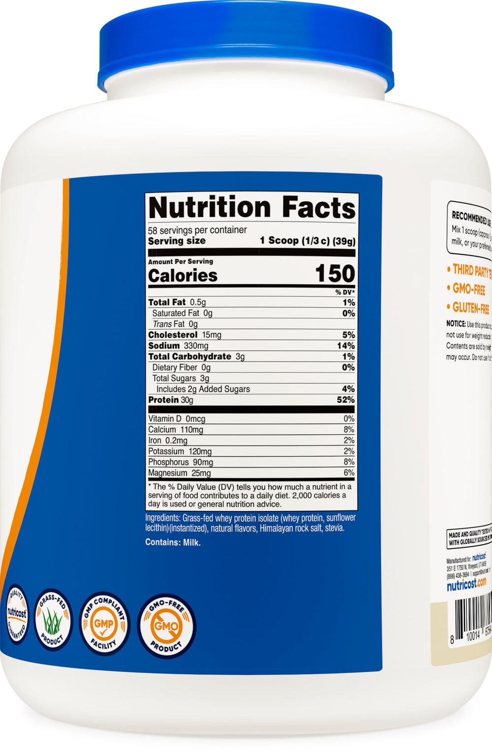 Nutricost NSF certified facility label close-up indicating quality standards.