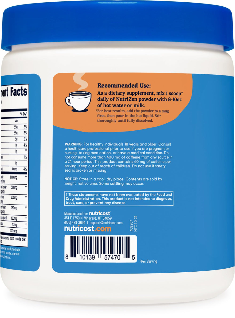 Nutricost Nutrizen Focus Cafe Latte ingredients close-up shows mushroom blend for focus.