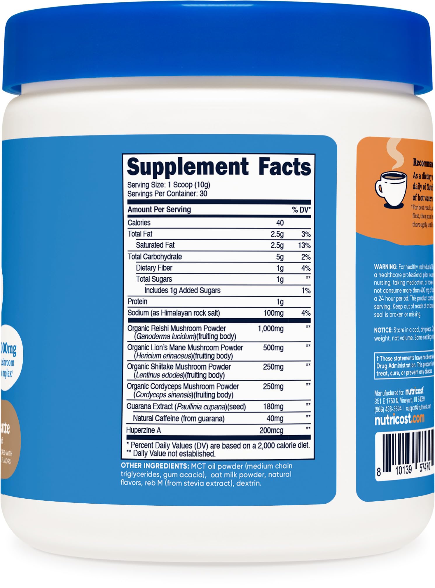 Nutricost Nutrizen Focus Cafe Latte mushrooms close-up emphasizes premium adaptogenic blend.