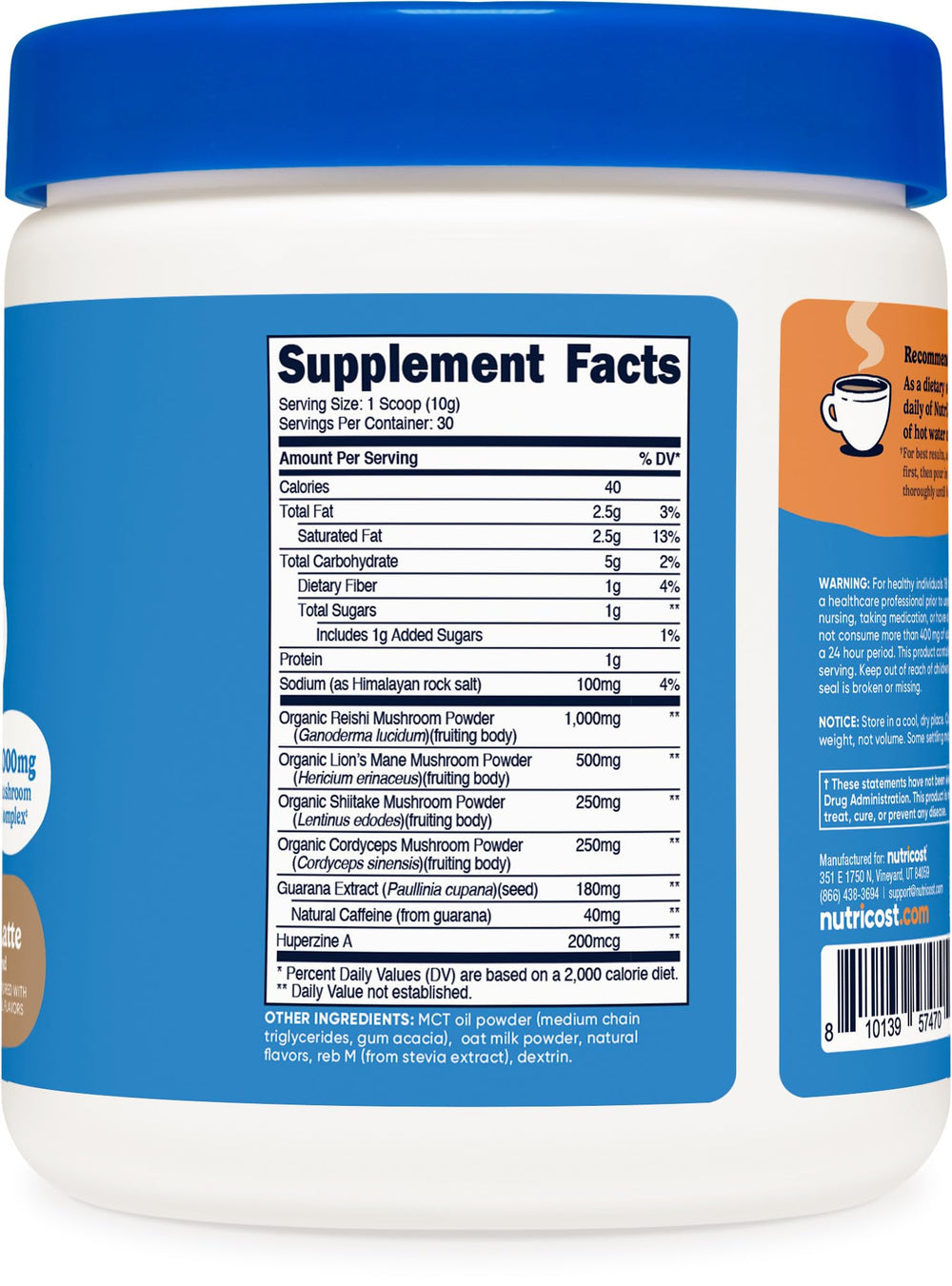 Nutricost Nutrizen Focus Cafe Latte mushrooms close-up emphasizes premium adaptogenic blend.