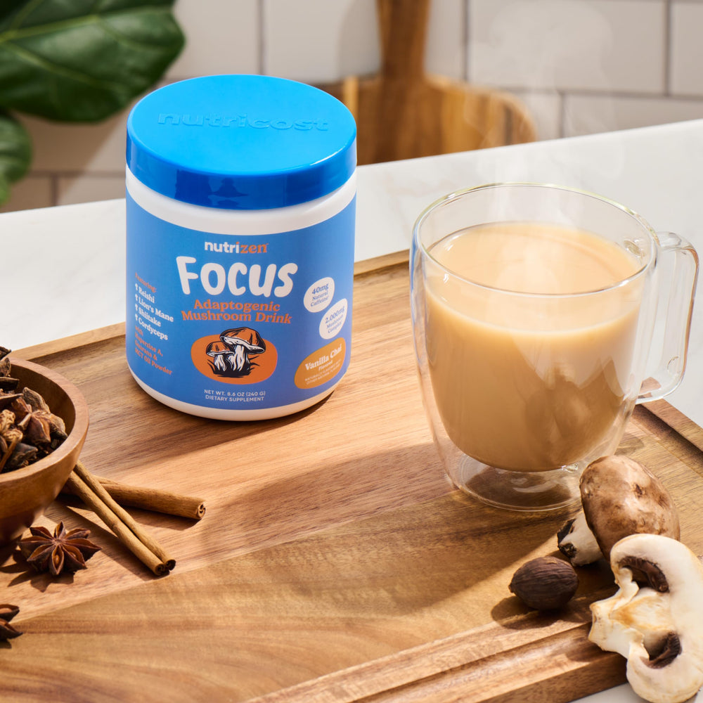 Nutricost Nutrizen mushroom blend illustration highlighting Reishi and Lion's Mane.