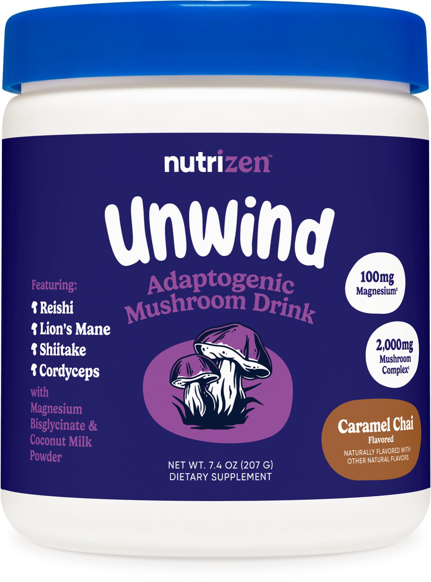 Nutricost Nutrizen PM Unwind bottle label showing caramel chai flavor for evening calm
