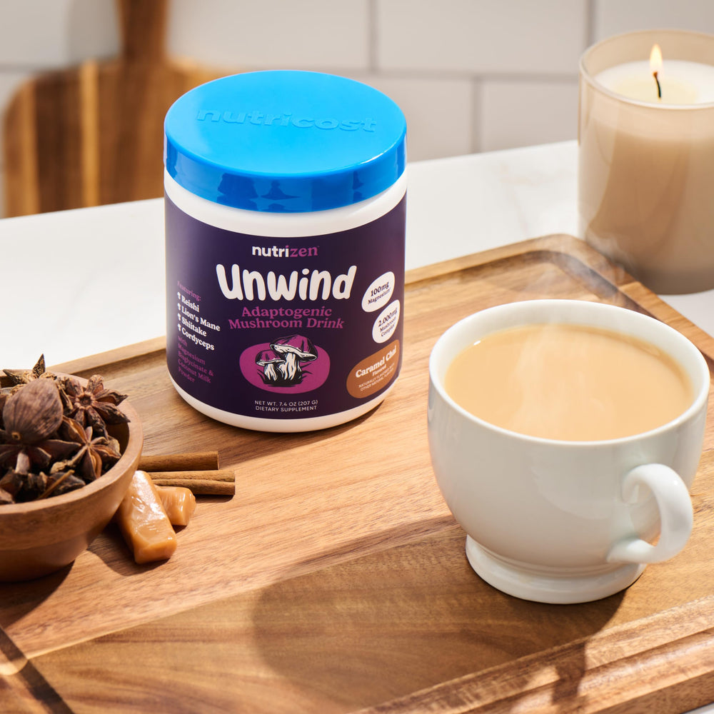 Close-up of Reishi and Lion's Mane mushroom blend in Nutricost Nutrizen PM Unwind