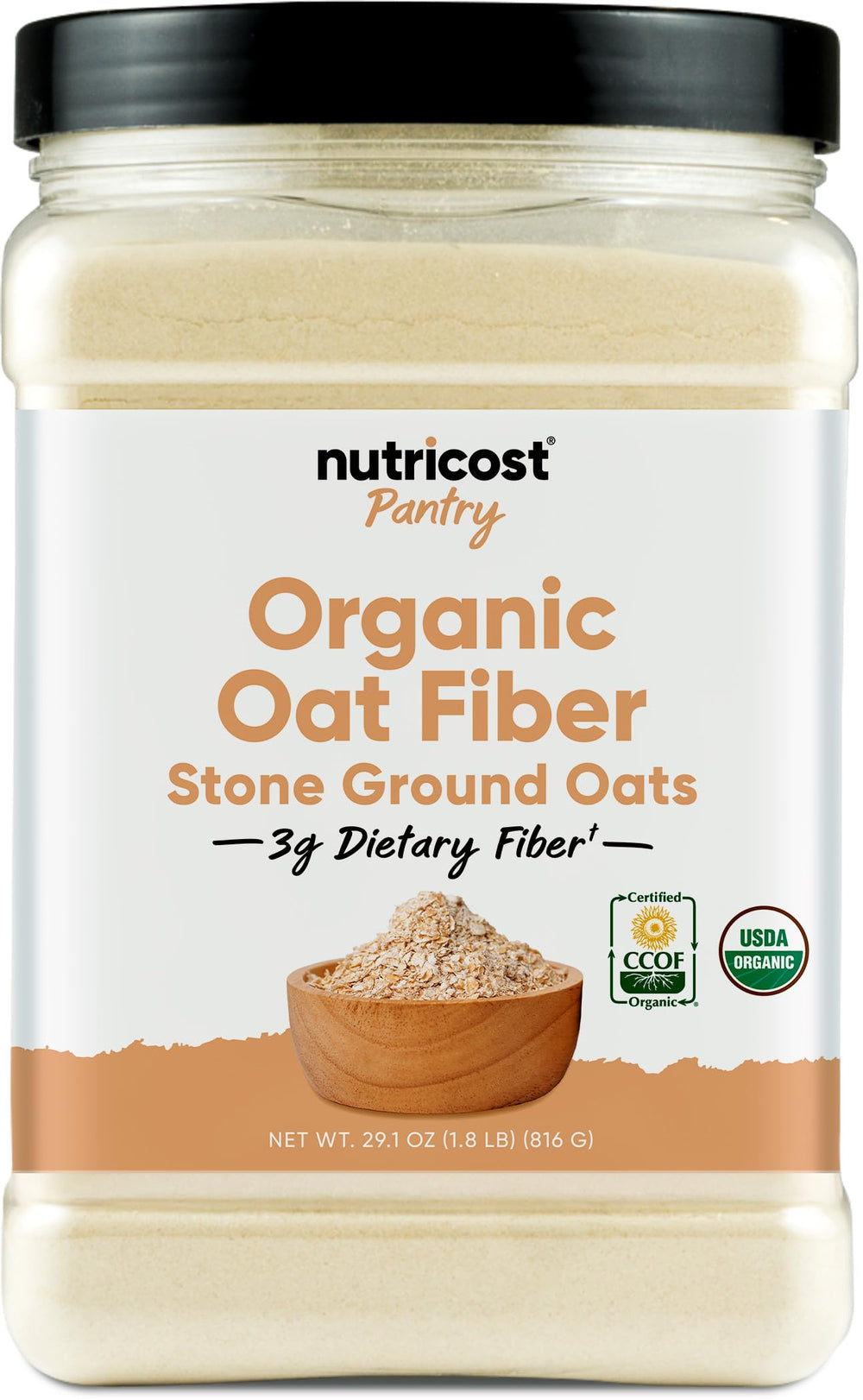 Nutricost Organic Oat Fiber bag on counter showing organic and gluten-free qualities