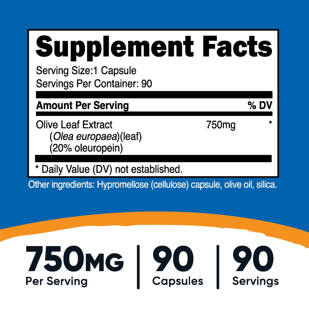 Close-up of Nutricost olive leaf capsules highlighting vegetarian-friendly, non-GMO formula