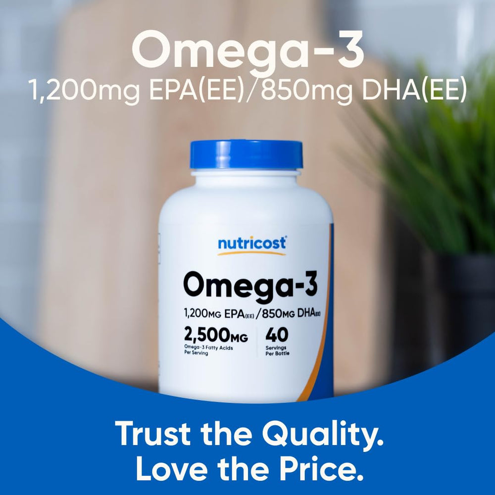 Nutricost Omega-3 bottle emphasizing GMP and FDA facility compliance.
