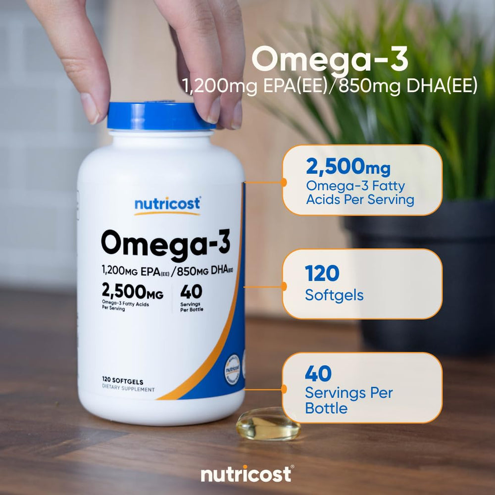 Nutricost Omega-3 label notes non-GMO and gluten-free ingredients.