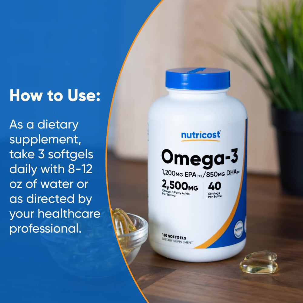 Nutricost Omega-3 bottle displaying 40 servings for the family.