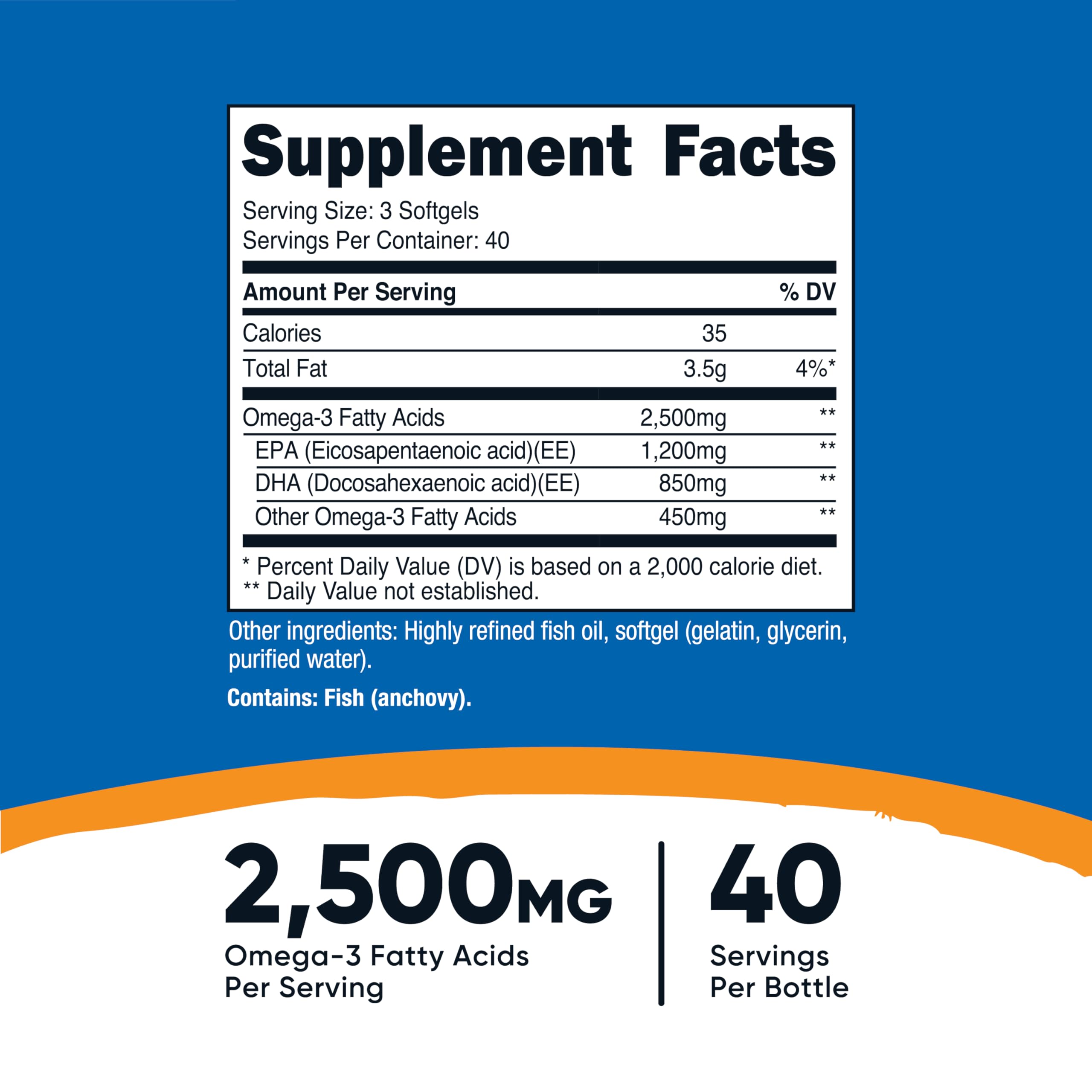 Nutricost Omega-3 softgels close-up showing convenient two-capsule serving.