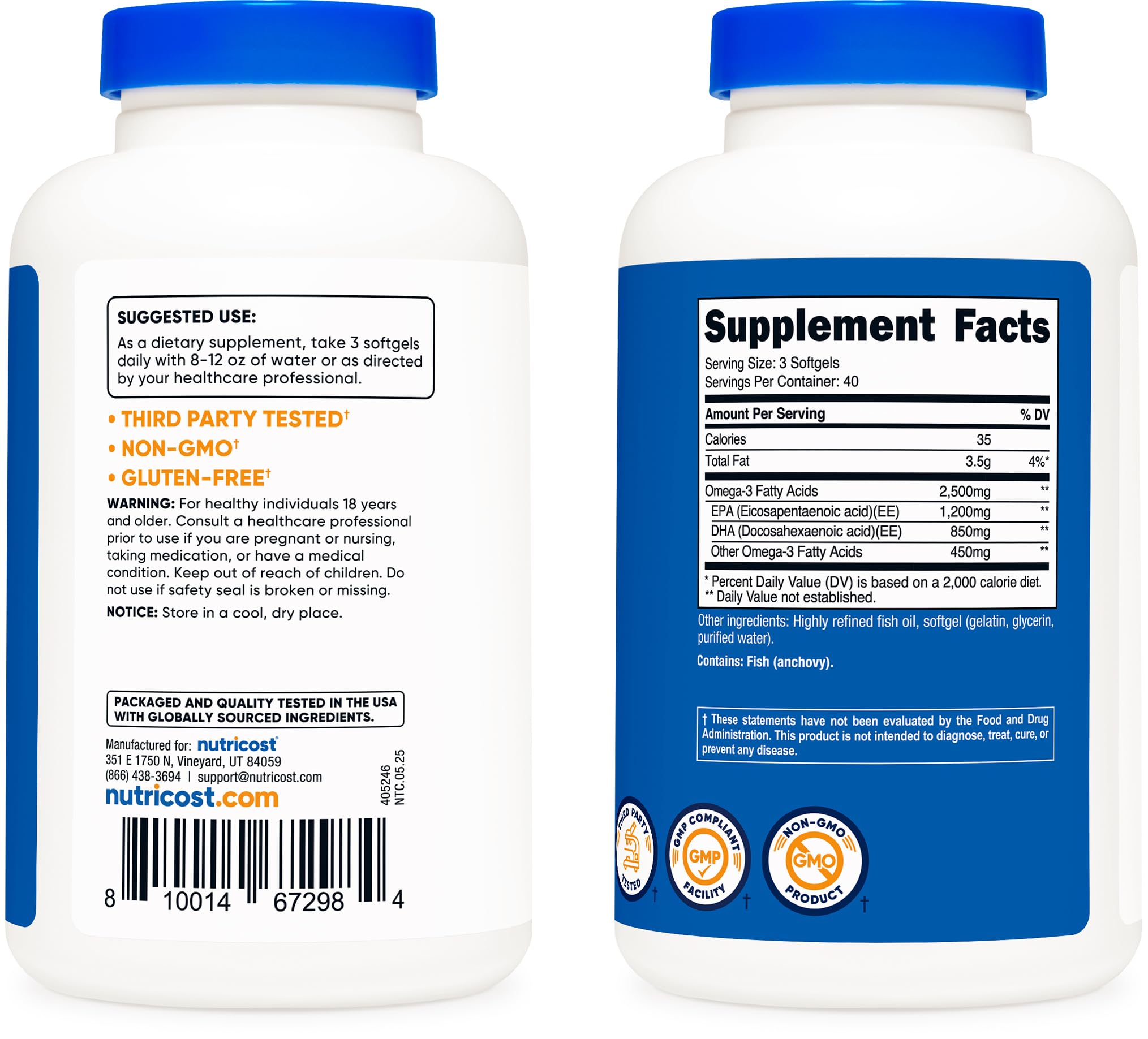 Nutricost Omega-3 bottle with third-party testing seal visible.