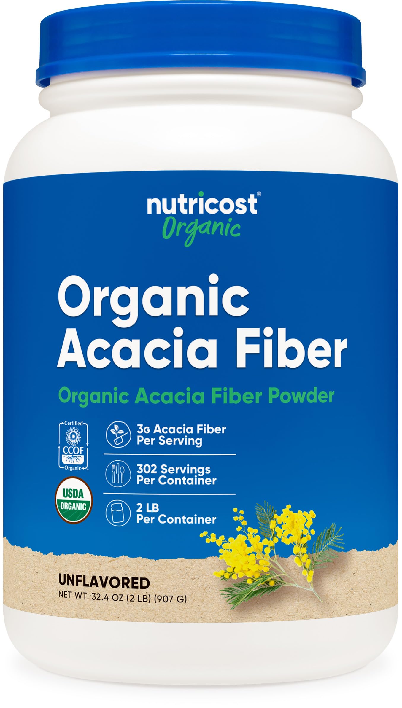 Nutricost Organic Acacia Fiber Powder bottle with label for fiber support.