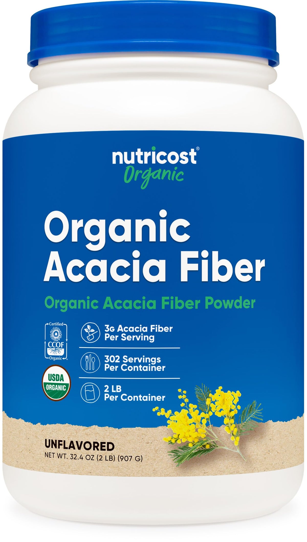 Nutricost Organic Acacia Fiber Powder bottle with label for fiber support.