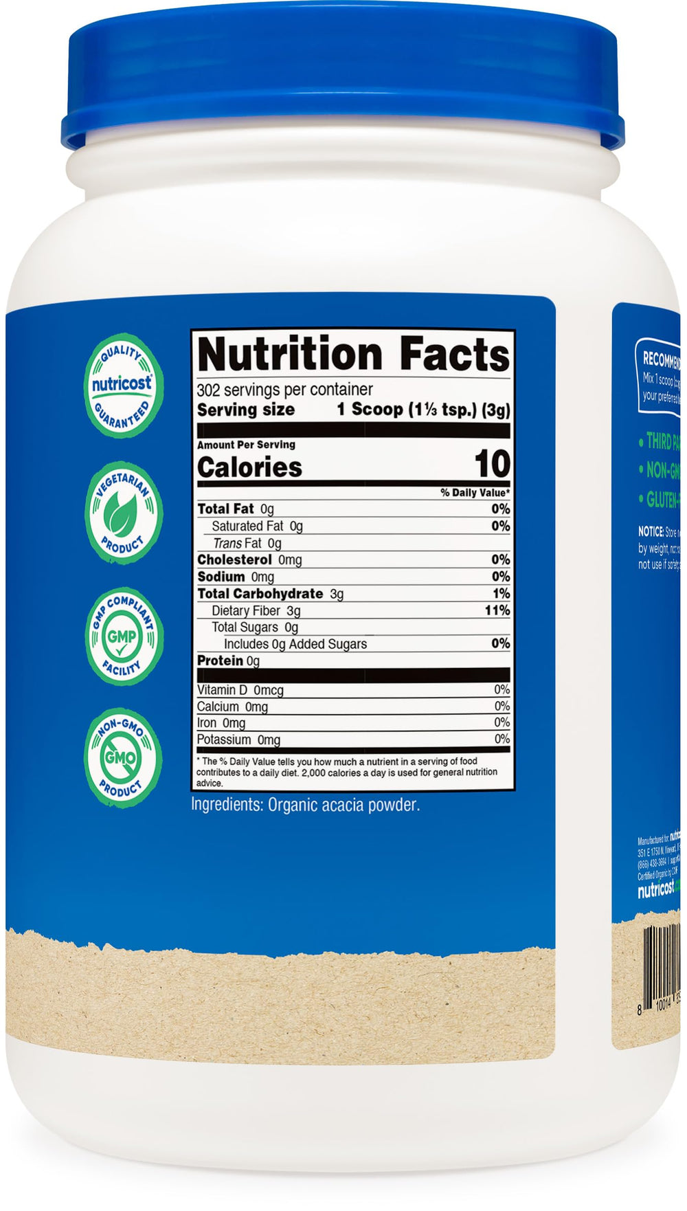 Nutricost Organic Acacia Fiber Powder bulk serving size shown.