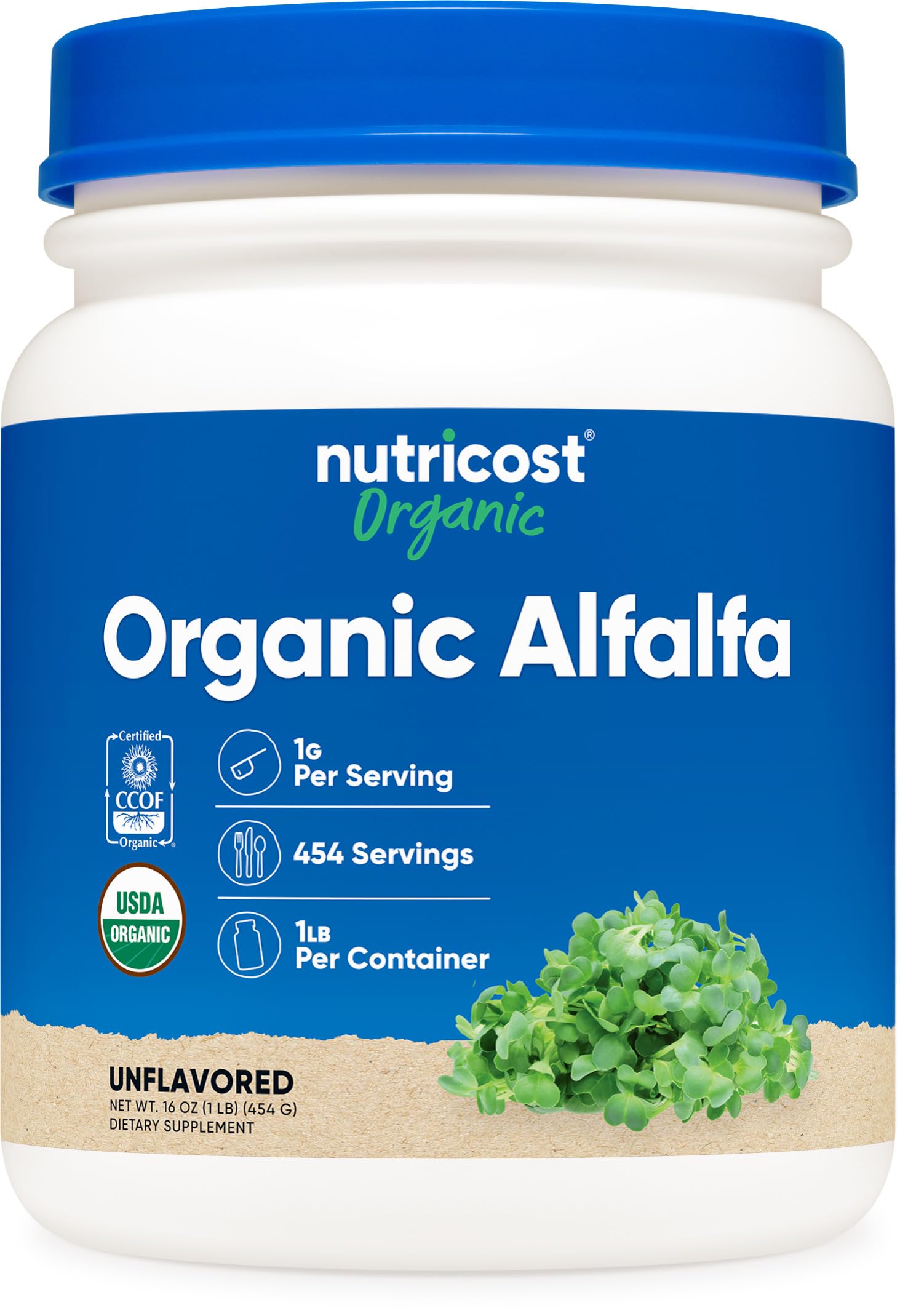 Nutricost Organic Alfalfa Powder 1lb container with USDA Organic label.