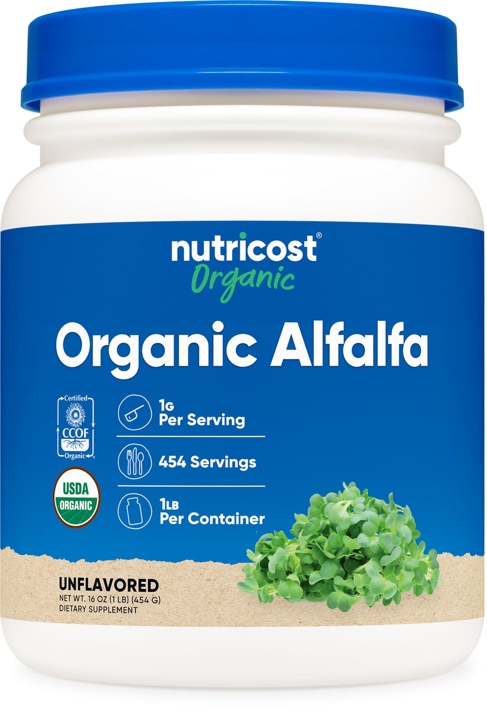 Nutricost Organic Alfalfa Powder 1lb container with USDA Organic label.