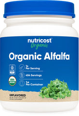 Nutricost Organic Alfalfa Powder 1lb container with USDA Organic label.