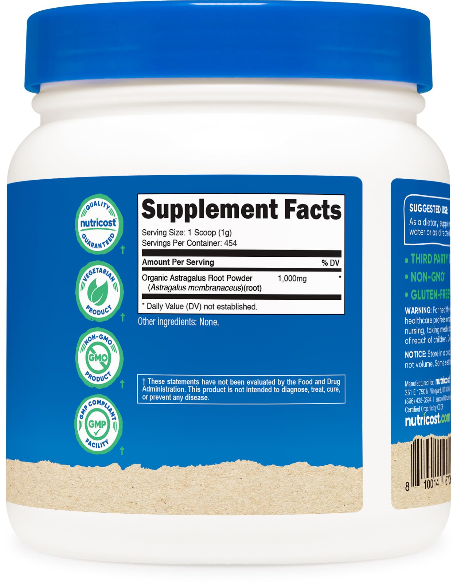 Nutricost packaging highlights product details and GMP compliant manufacturing