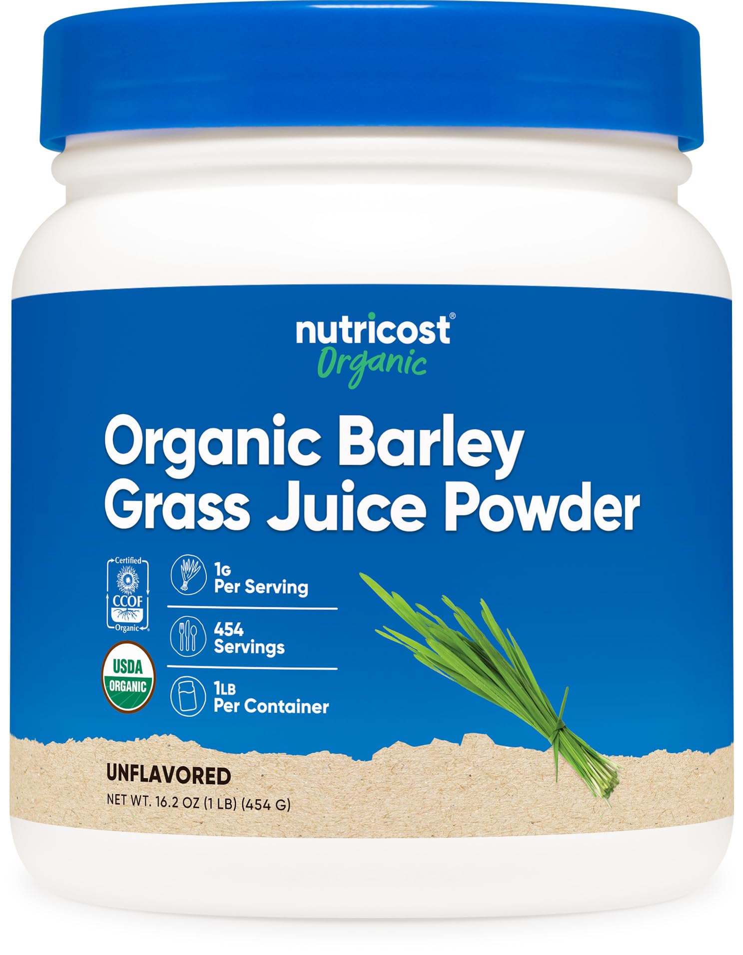 Nutricost Organic Barley Grass Juice Powder bottle shows gluten-free and vegan-friendly greens.
