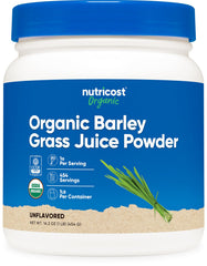 Nutricost Organic Barley Grass Juice Powder bottle shows gluten-free and vegan-friendly greens.