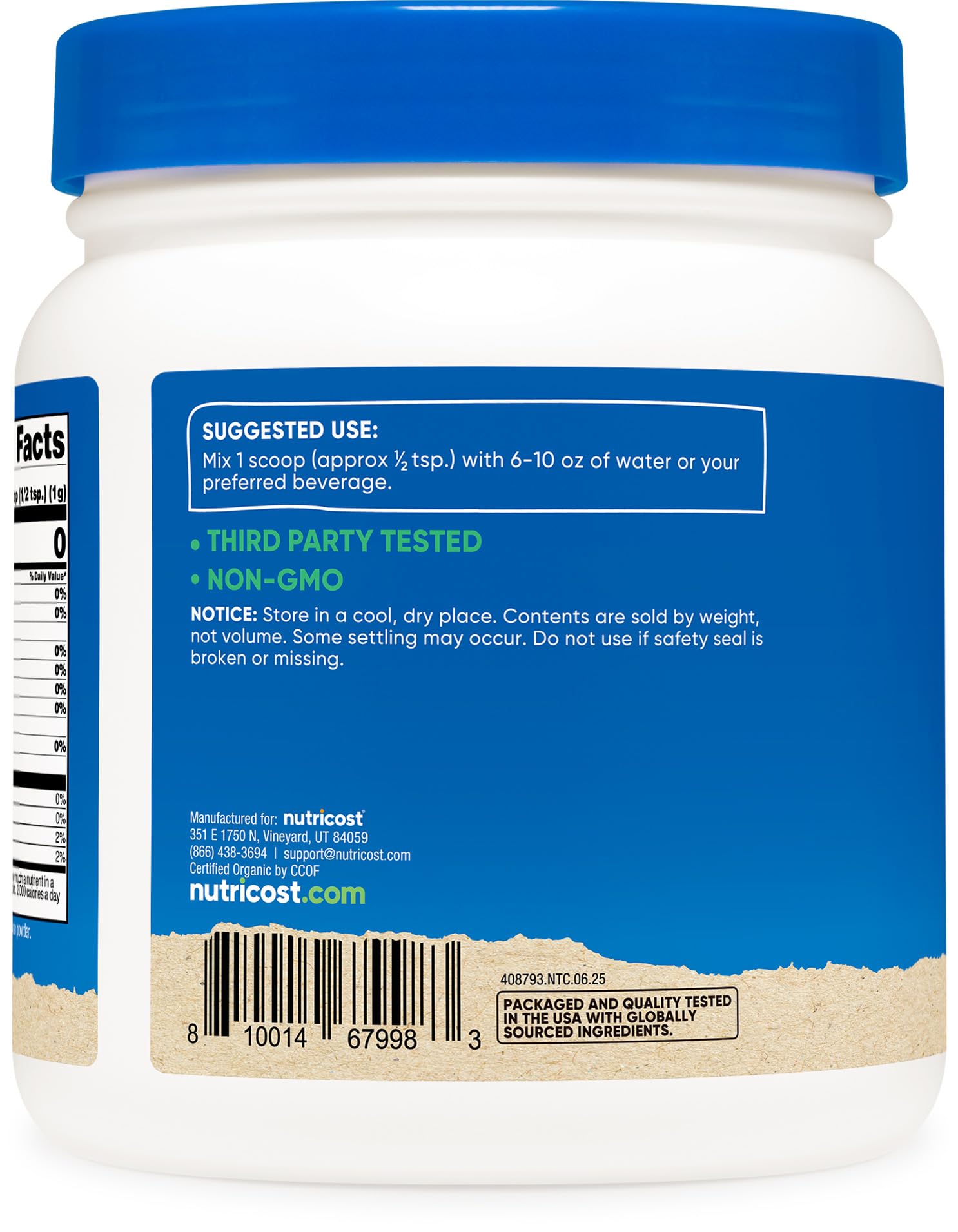 Nutricost packaging highlights the organic barley grass juice powder details.
