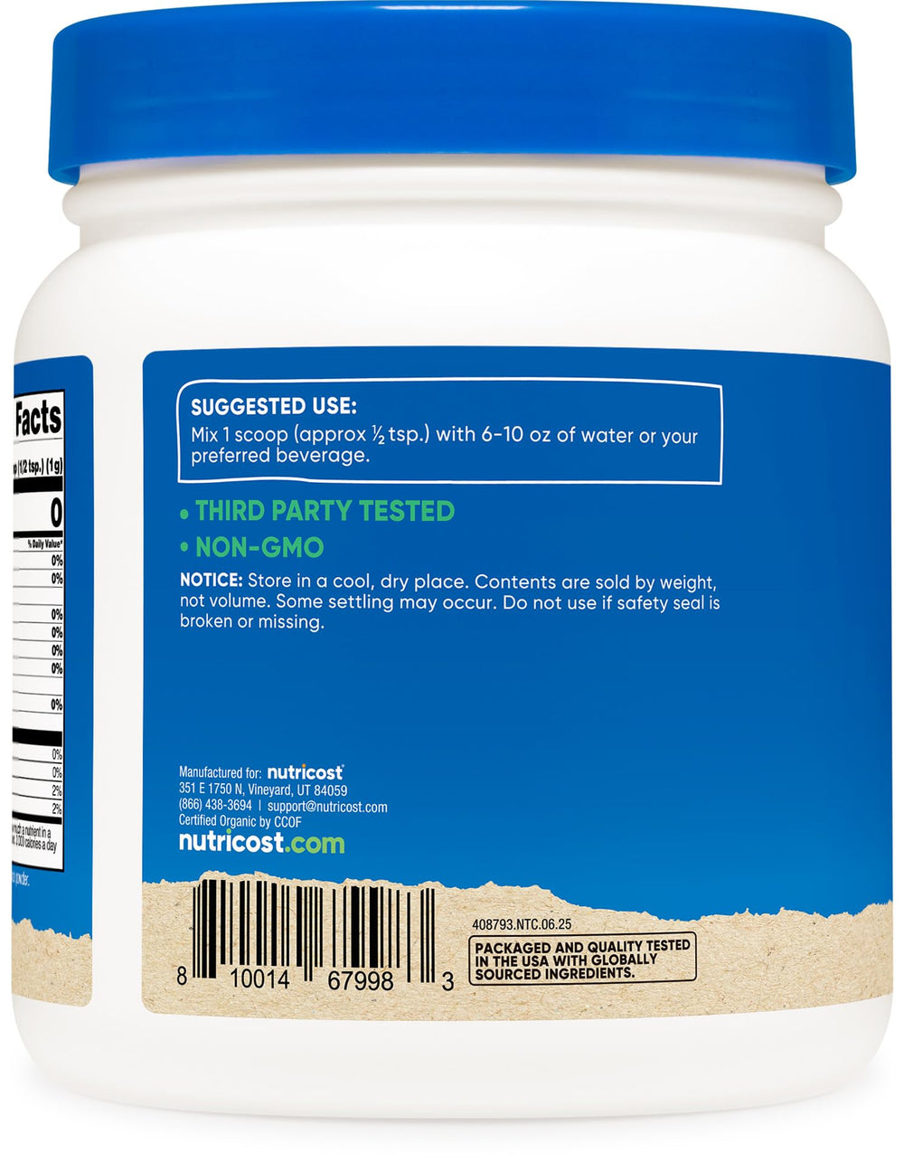 Nutricost packaging highlights the organic barley grass juice powder details.