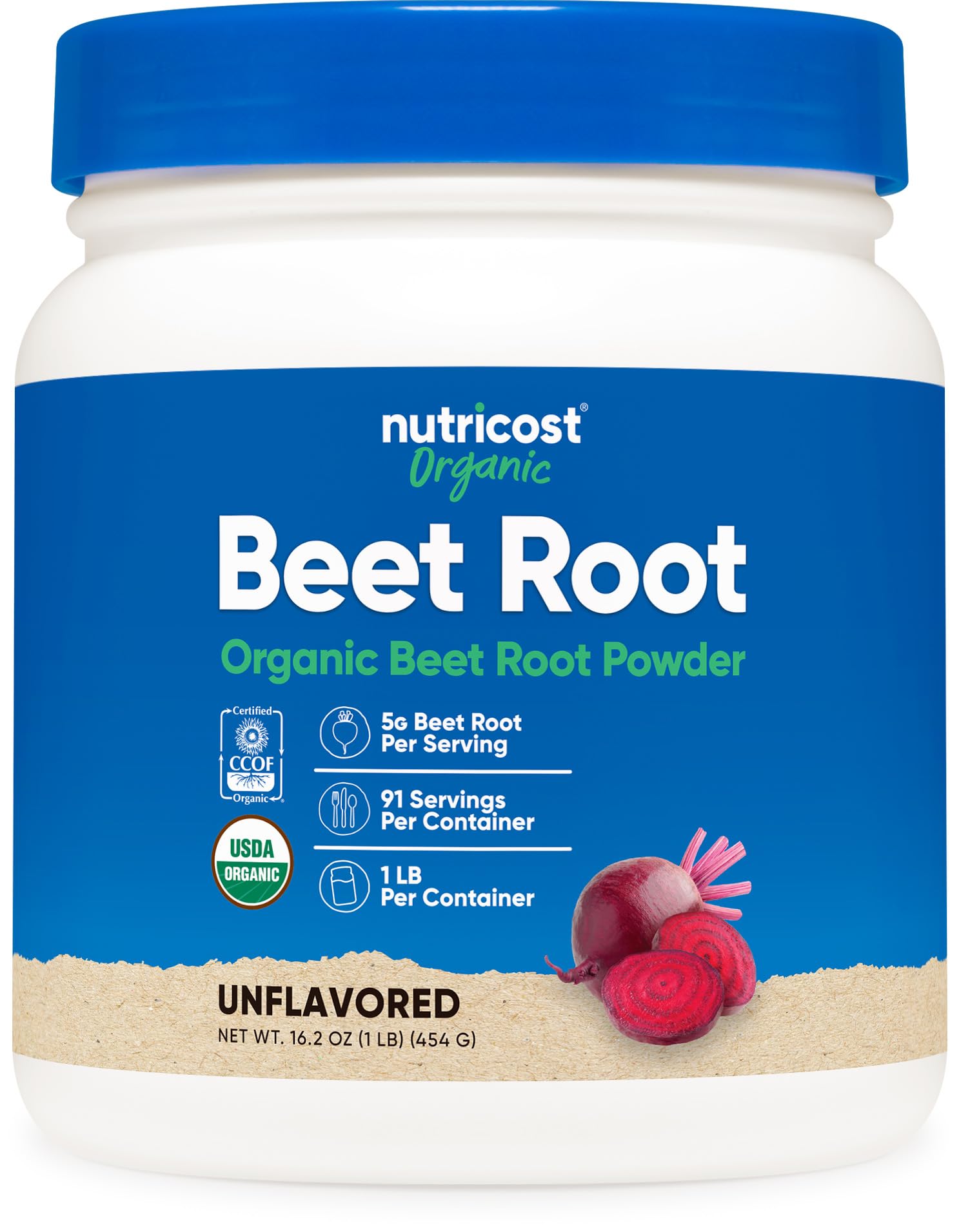 Nutricost Organic Beet Root Powder bottle with USDA Organic label for vegan-friendly nutrition.