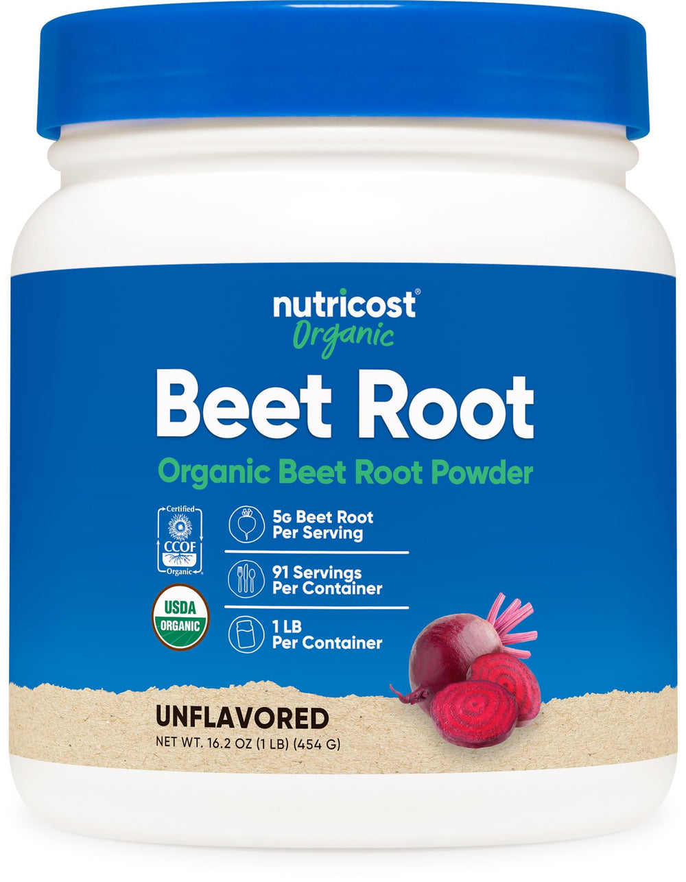Nutricost Organic Beet Root Powder bottle with USDA Organic label for vegan-friendly nutrition.