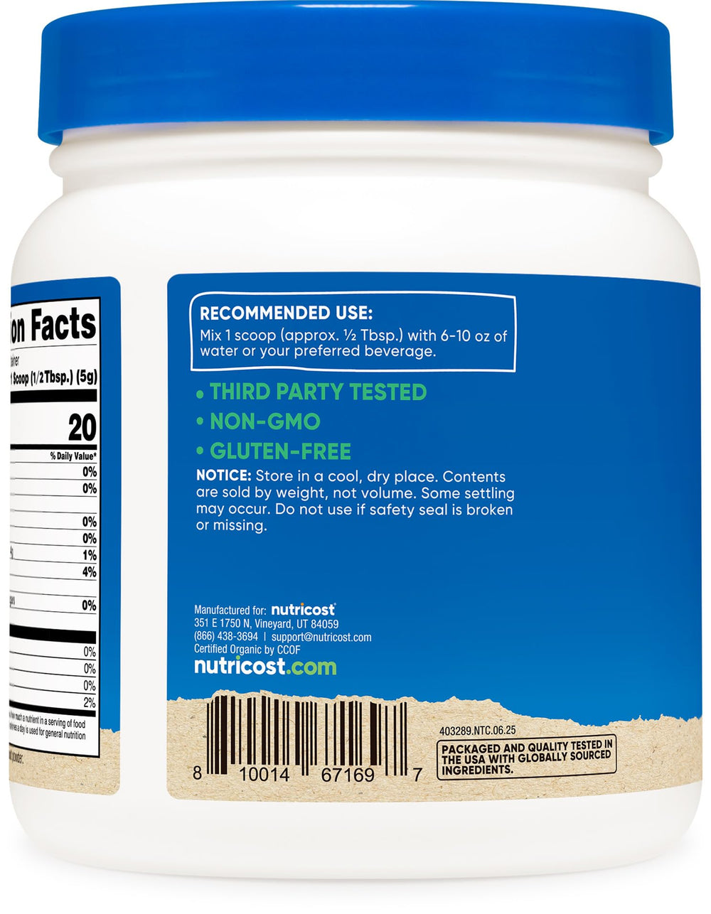 Organic packaging label on Nutricost beet root powder conveys non-GMO and gluten-free values.