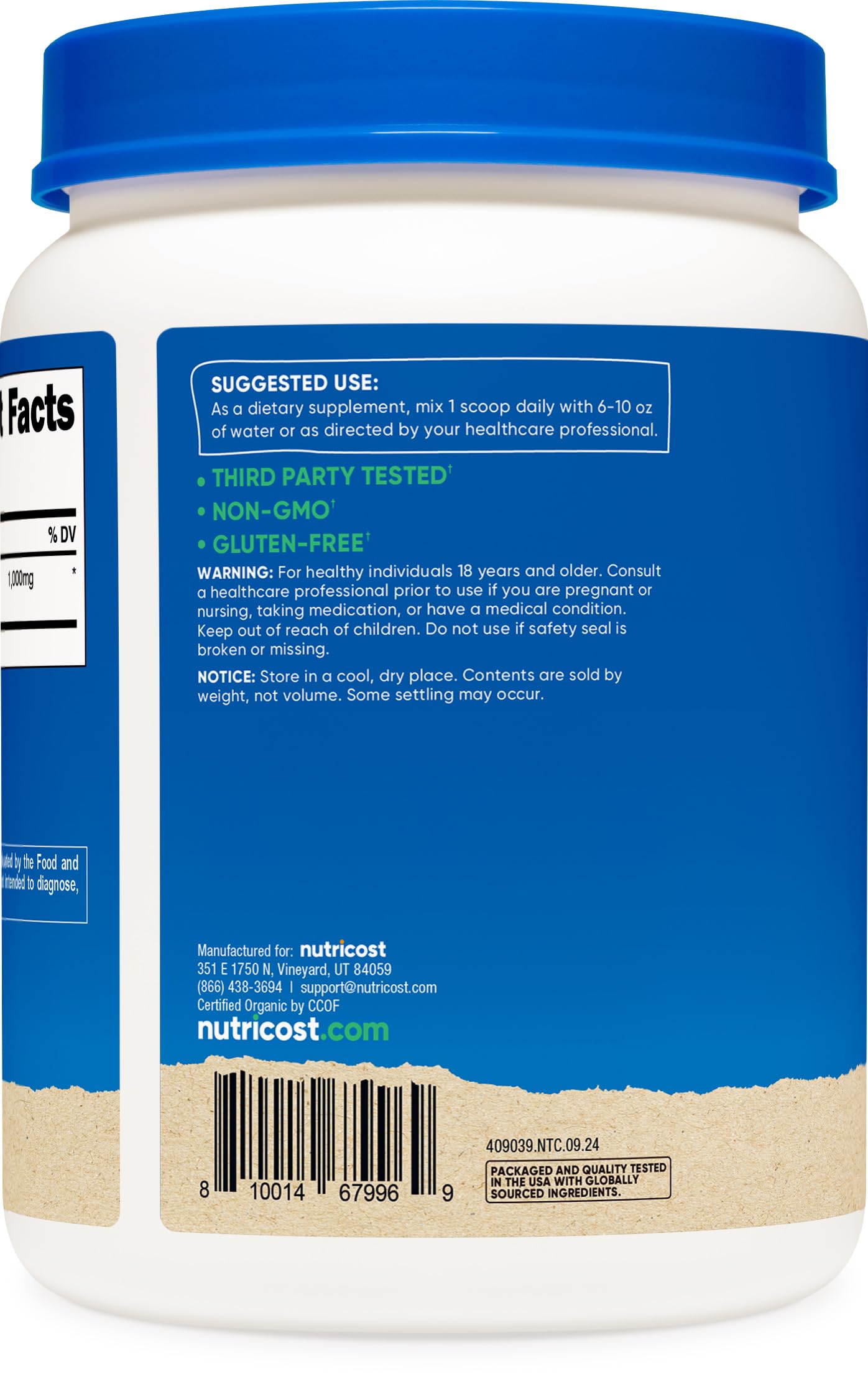 Nutricost Organic Ceylon Cinnamon powder bottle label closeup shows USDA Organic seal.