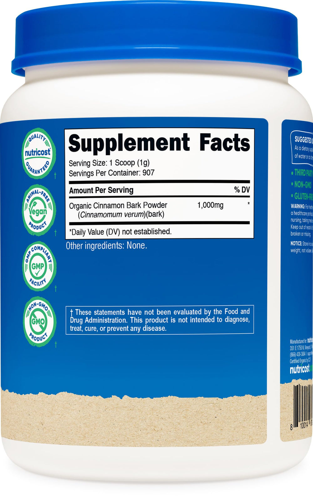 Nutricost Organic Ceylon Cinnamon powder pouring into a mug for flavorful beverages.