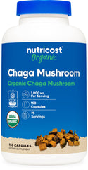 Nutricost Organic Chaga bottle front with CCOF seal indicating certified organic supplement.